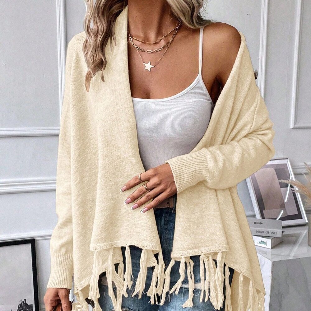 Apricot Casual Women's Fringe Trim Draped Collar Wrap Asymmetrical Sweater Dress